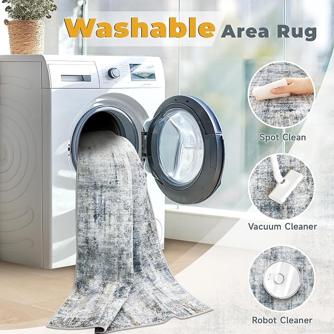 8x10 Area Rugs Washable Rug: Abstract Neutral Rugs Modern Non Slip Area Rug - Image 3