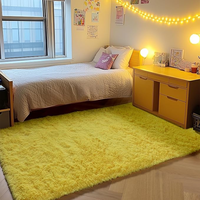 Yellow Rugs for Living Room Bedroom, 5x8 Fluffy Bedside Area Rug, Soft Plush - Image 7