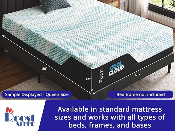 ROOST SLEEP Memory Foam Mattress, 14-Inch King – Cool Cloud Gel Foam Mattress with Plush Pressure Relief and Breathable Comfort – Ideal for Cooler, Deeper Sleep