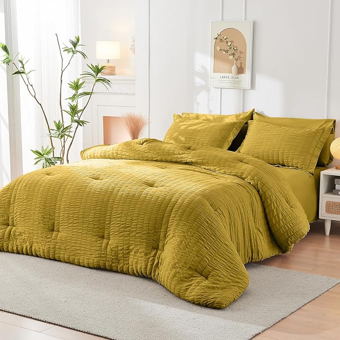 HYMOKEGE Mustard Yellow Queen Comforter Set Seersucker 7 Pieces, All Season Luxury Bed in a Bag Queen for Bedroom, Bedding Set with Comforter, Sheets, Pillowcases & Shams