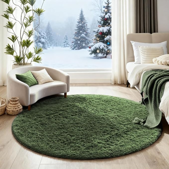 Ophanie Round Rug 4Ft Grey Green Circle Area Rug, Fluffy Fuzzy Bedroom Carpet - Image 3