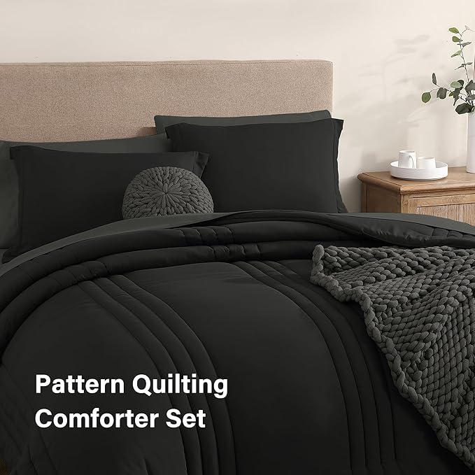 Monbix Full Comforter Set - 7 Pieces Black Bed in a Bag Full Size Bedding Sets with Comforters, All Seasons Down Alternative Comforter with Sheets,Pillowcases & Shams