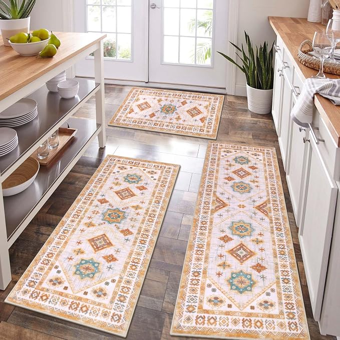 HEBE Boho Kitchen Rugs Set of 3, Non Slip Washable Kitchen Mats by HEBE