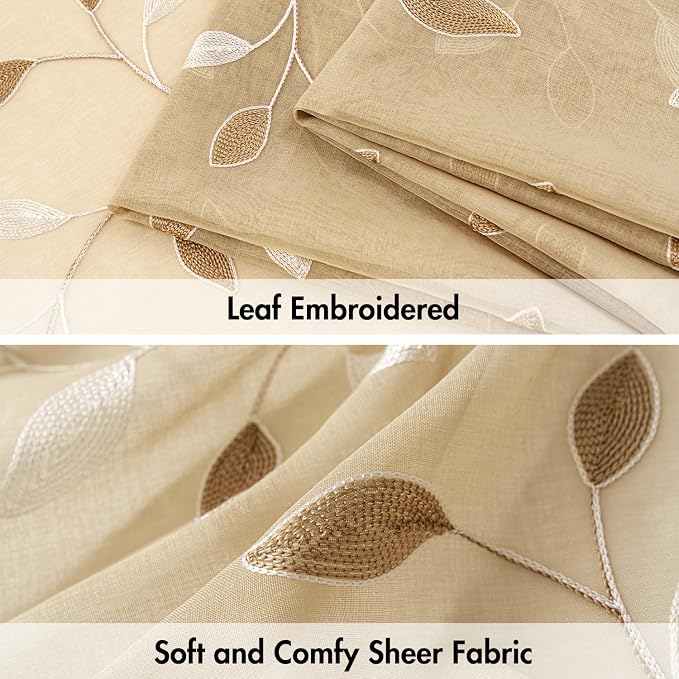 MIULEE Khaki Sheer Curtains 2 Panels Embroidered Leaf Patterned, W52 x L96 | - Image 4