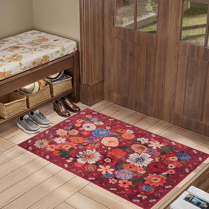 Floral Entry Rug Small Red Door Mat 24x17Inch - Image 6