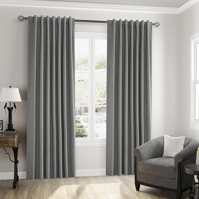 Dark Grey 100% Blackout Linen Curtains 63 Inch Length 2 Panels Set - Image 8