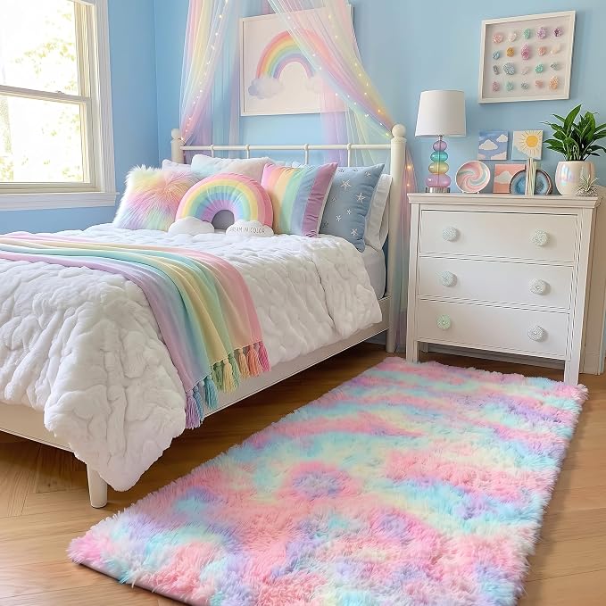 Rainbow Runner Rugs for Girls Bedroom Plush Fluffy Hallway Rug 2x6 Ft | Kawaii - Image 2