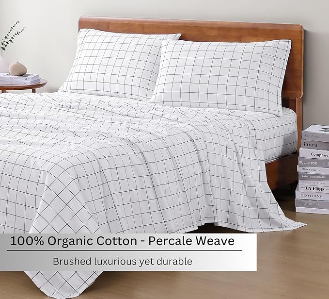 LANE LINEN Twin Sheet Set, 100% Organic Cotton Sheets Twin Size, 3Pc Twin Sheets Sets, Premium Bedding Sheets & Pillowcases, Percale Sheets, 15" Deep Pocket Twin Fitted Sheet - Windowpane