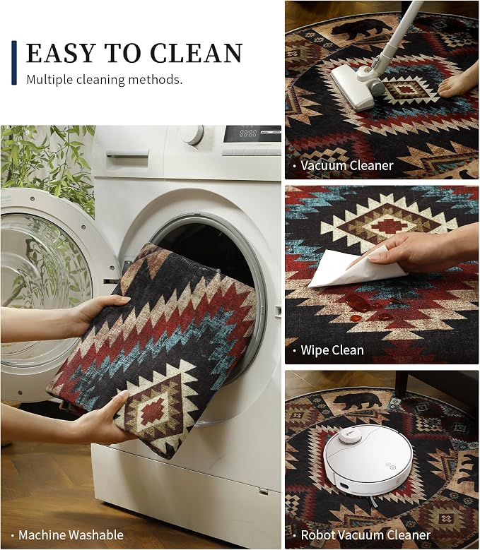 Southwestern Round Rug 6ft, Low Pile Soft Circle Area Rug - Image 3