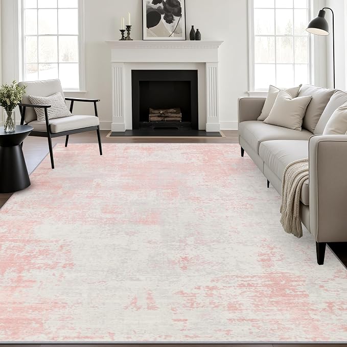 5x7 Area Rug Living Room: Modern Washable Soft Carpet Pink White | - Image 2