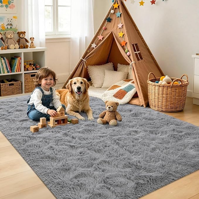 5'3''x7'5'' Grey Fluffy Soft Area Rug Non-Slip - Image 4