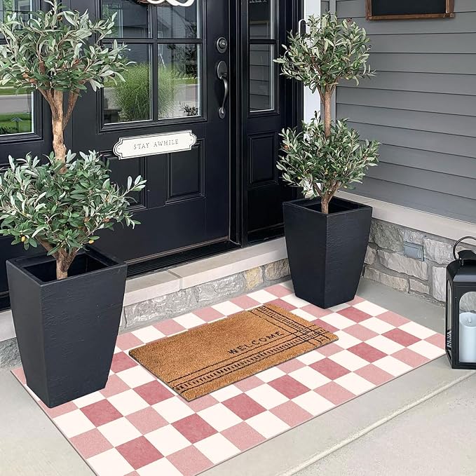 Front Door Mat Indoor Entrance, 2x4.3 Cute Pink White Checkered Rug | Non-Slip - Image 9