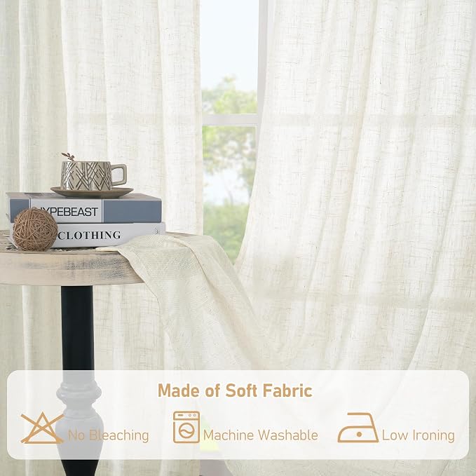 Cream Sheer Linen Curtains for Living Room 84 inch Length 2 Panels | Light - Image 8