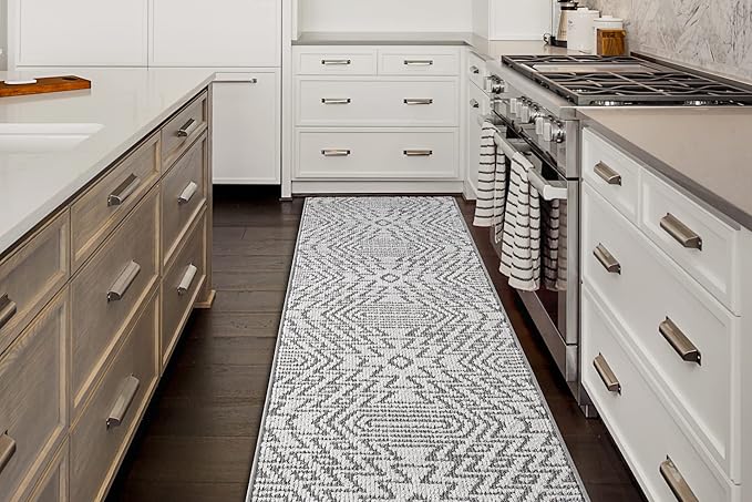 Custom Size Southwestern Style Runner Rug Mat for Wide Hallway Entryway Kitchen Laundry Room with Slip Resistant Latex Rubber Backing, Inca Grey, 31 inch X 20 feet