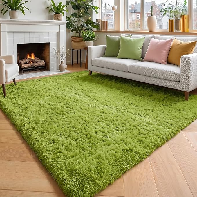 Amdrebio Grass Green Furry Area Rug 5x8 by Amdrebio