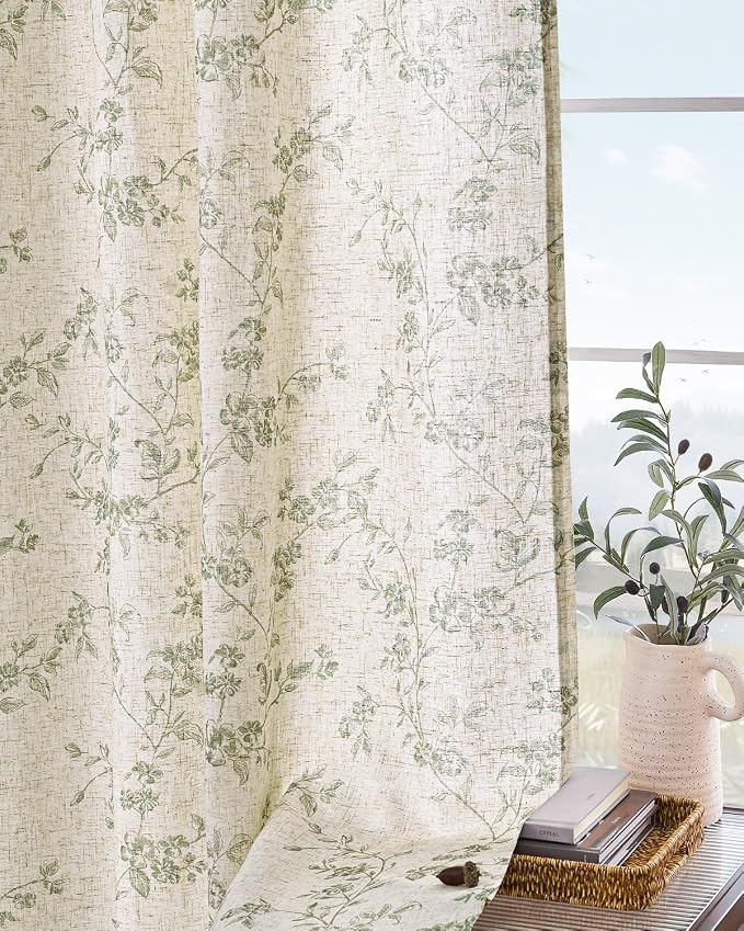 Green Vintage Floral Linen Curtains Farmhouse 50W X 84L 2 Panels | Elisa Series - Image 8