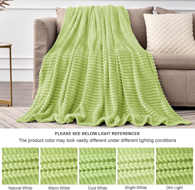 BEDELITE Ribbed Jacquard Cream Lime Fleece Twin Blanket - Image 6