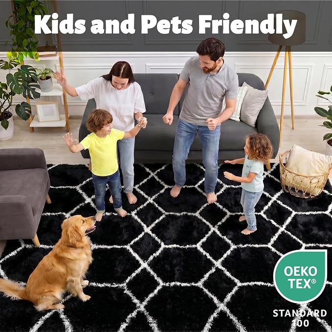 Area Rugs for Living Room, 5x8 Fluffy Black and White Bedroom Geometric Rug | - Image 3