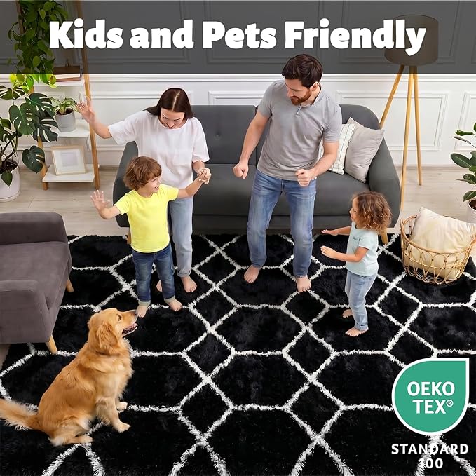 8x10 Area Rugs for Living Room, Fluffy Black and White Bedroom Modern Rug | - Image 3