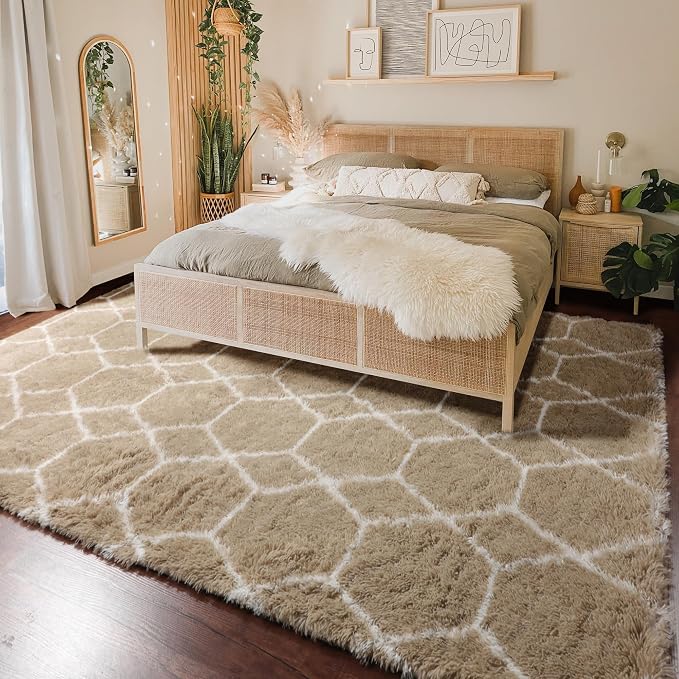 Area Rugs for Bedroom Living Room, 4x6 Fluffy Beige and White Geometric Rug | - Image 6