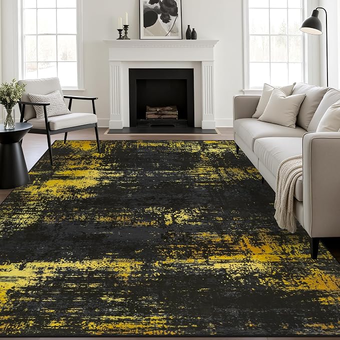 9x12 Area Rug Living Room: Modern Washable Soft Carpet Black Gold | by FXRHLP