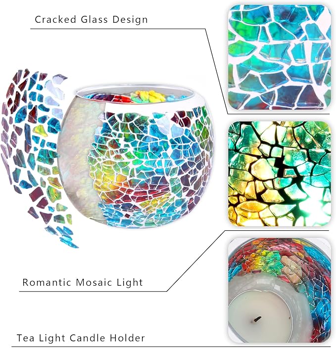 Scented Candle Holder Mosaic Glass Tea Light Holder,Handmade Romantic Glass Tealight Candle Holder for Aromatherapy,Party Décor(NO Candles),Also Used as Vase,Pen Holder,Potted Plants Bowl (Rainbow)
