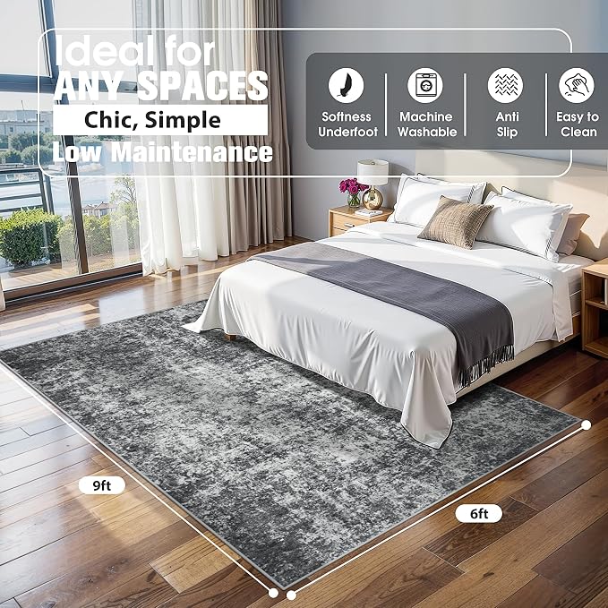 6x9 Area Rugs for Living Room Washable Bedroom Dining Room Black Grey | Modern - Image 2