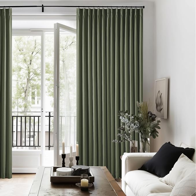 Olive Green Pinch Pleated Blackout Linen Bedroom Curtains 96 Inch Length | - Image 7