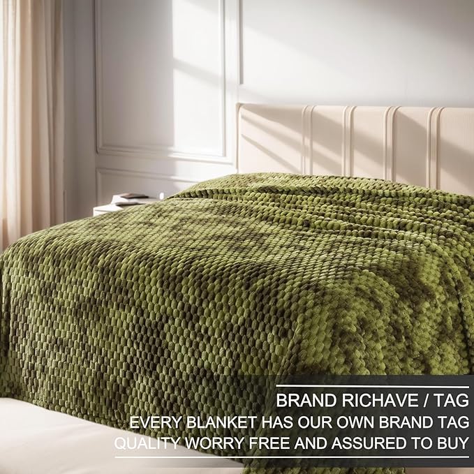 Richave Queen Size Fleece Blanket,Premium Lightweight Anti-Static 90x90 Inches 3D Clouds Stylish Jacquard Velvet Plush Bed Blanket for Queen Full Bed, Tie-dye Olive Green