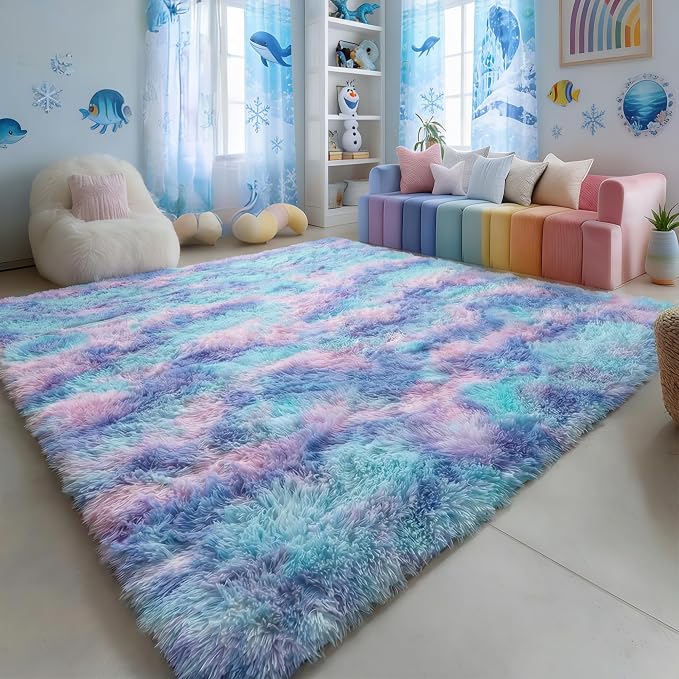 Amdrebio Purple Rainbow Mermaid Large Fuzzy Kids Rug 8x10 by Amdrebio