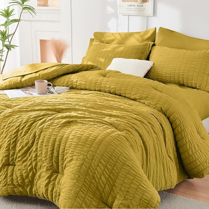 HYMOKEGE Mustard Yellow Twin Comforter Set Seersucker 5 Pieces, All Season Luxury Bed in a Bag for Bedroom, Bedding Set with Comforter, Sheets, Pillowcase & Sham