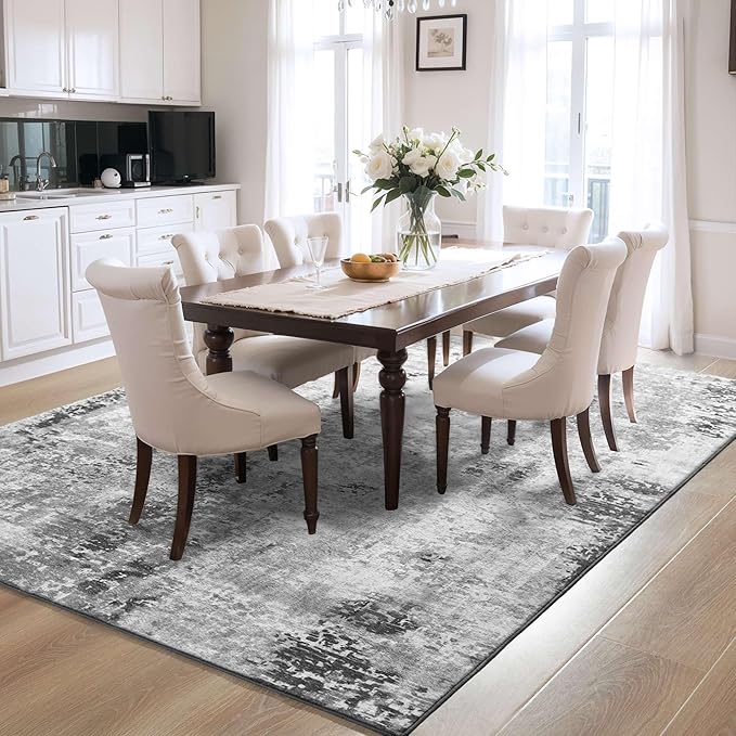 Area Rug 4x6 Grey Rug Washable Boho Rugs Non Slip Low Pile Abstract Small Carpet - Image 5