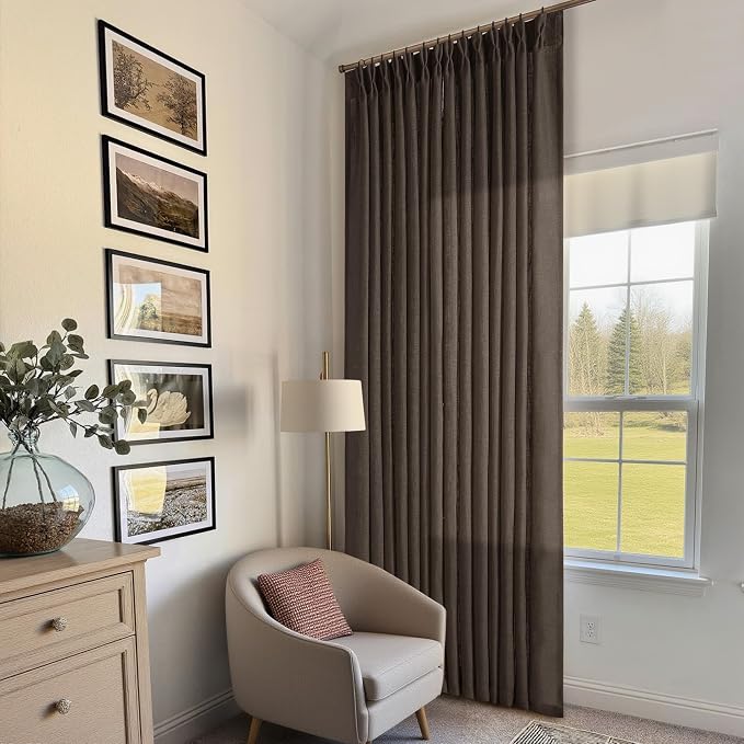 Dark Chocolate 108 Inch Pinch Pleated Semi Sheer Linen Curtains 2 Panels | - Image 7