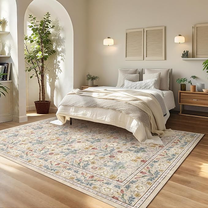 GarveeHome Beige Washable Area Rug 5x7, Retro Floral Low Pile Non Slip Living - Image 3