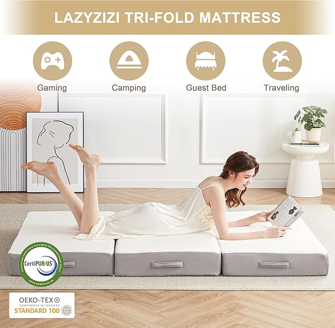 Folding Mattress, 6 Inch Memory Foam Tri-fold Mattress with Breathable & Washable Bamboo Fiber Fabric Cover, Foldable Floor Guest Bed for Camping, Road Trip, Single