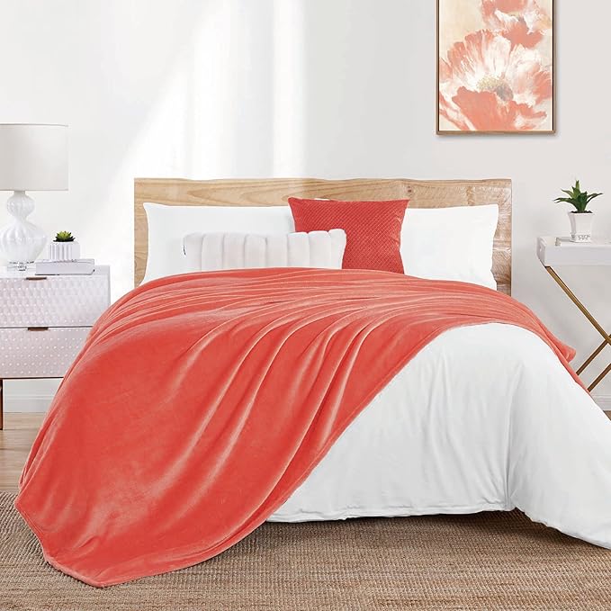 Walensee Fleece Blanket Plush Throw Fuzzy Lightweight (Queen Size 90x90 Coral) Super Soft Microfiber Flannel Blankets for Couch, Bed, Sofa Ultra Luxurious Warm and Cozy for All Seasons