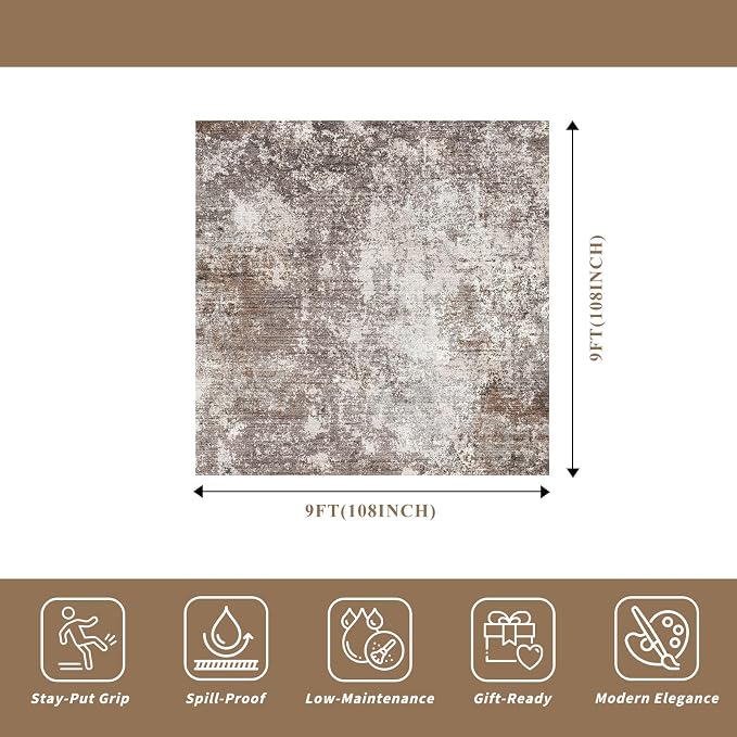 9x9 Square Living Room Area Rug Washable Non-Slip, Soft Modern Neutral Carpet - Image 2