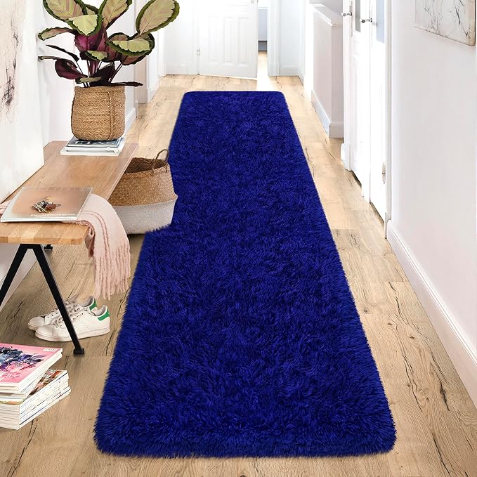 2x10 Bedside Area Rugs for Bedroom Soft Fluffy Shag Navy Blue Rug for Hallway by JiaoBaba