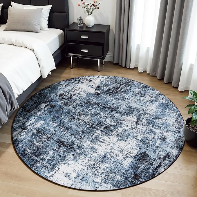 Rugflix Round Area Rugs 4Ft for Living Room, Washable Navy Blue Circle Rug | - Image 2