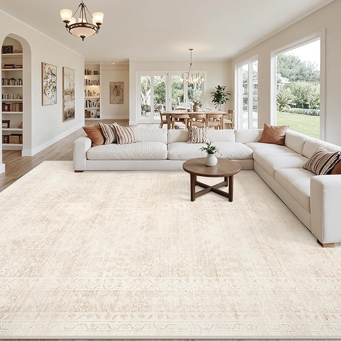 10x14 Area Rugs Living Room: Bedroom Neutral Washable Carpet Beige | Large by Luxturiy