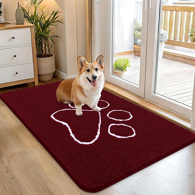 OLANLY Dog Door Mat for Muddy Paws 45x27, Paw Print Design Chenille Mud Mat | by OLANLY