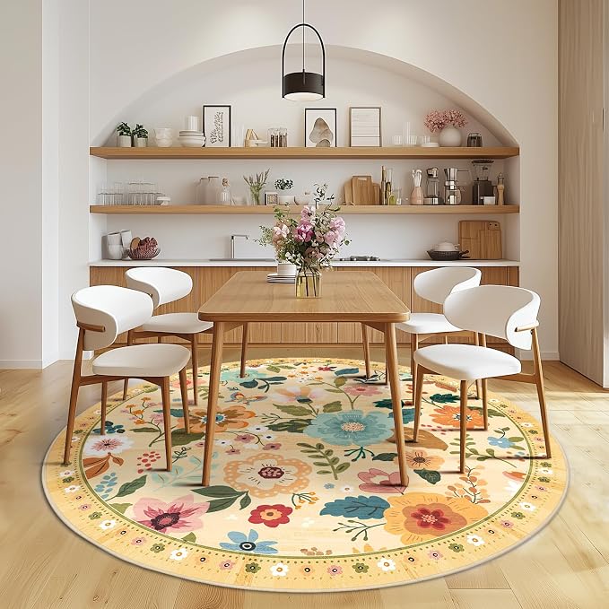 RELEANY Floral Washable Round 6ft Area Rug Ivory/Yellow | Flower Carpet Print - Image 6