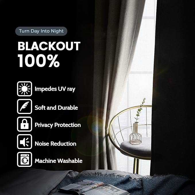 SimpleHome Natural 100% Blackout Curtains Room Darkening Living Room 45L | - Image 3