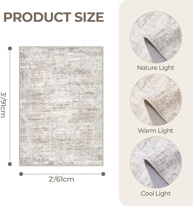 2x3 Rug Non Slip, Small Washable Entryway Rug, Taupe | Welcome Mat, Runner - Image 2