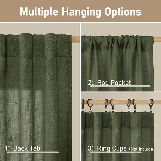 Olive Green Linen Curtains for Living Room 84 inch Length 2 Panels | Light - Image 2