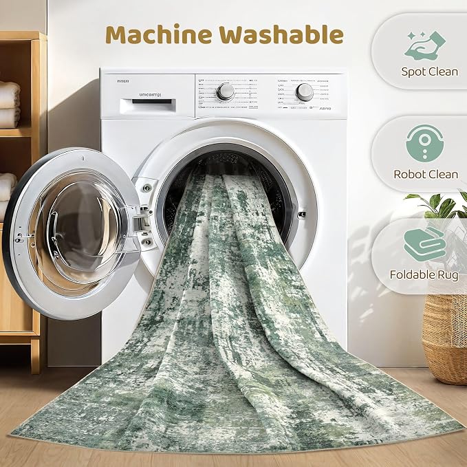 LOONGRUG 6x8 Area Rug Washable Neutral Modern Living Room Rugs Green | Abstract - Image 2
