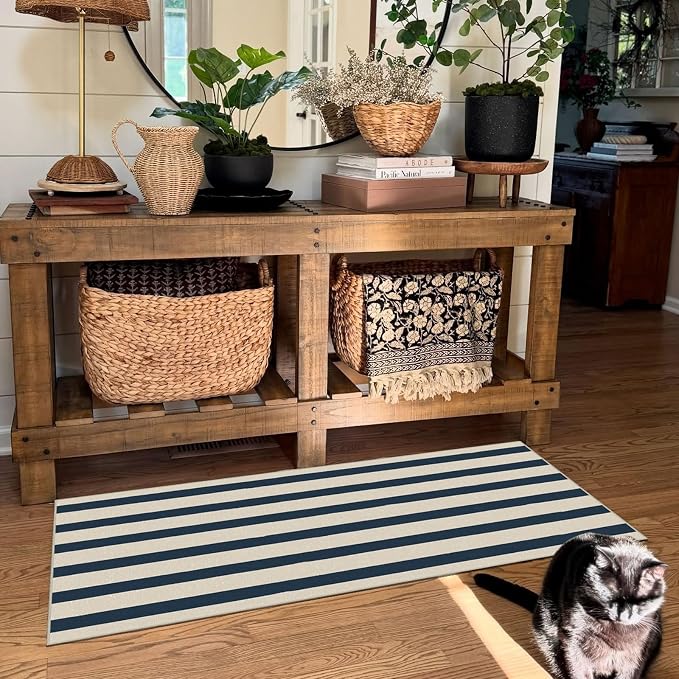 Front Door Mat Indoor Entrance, 2x4.3 Ft Blue and White Striped Rug | Washable - Image 8