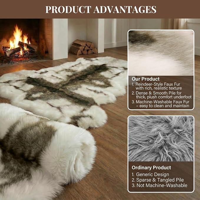 Reindeer Pattern Faux Fur Area Rug, 6.7'x2.3' Plush Machine Washable Runner - Image 5