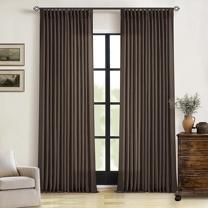 Dark Chocolate 96 Inch Pinch Pleated Semi Sheer Linen Curtains 2 Panels | by Twodrapes