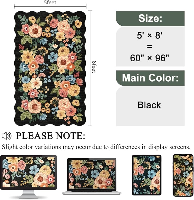 DUKINO 5x8 Washable Area Rug, Soft Floral Living Room Rug Non Slip, Non - Image 2